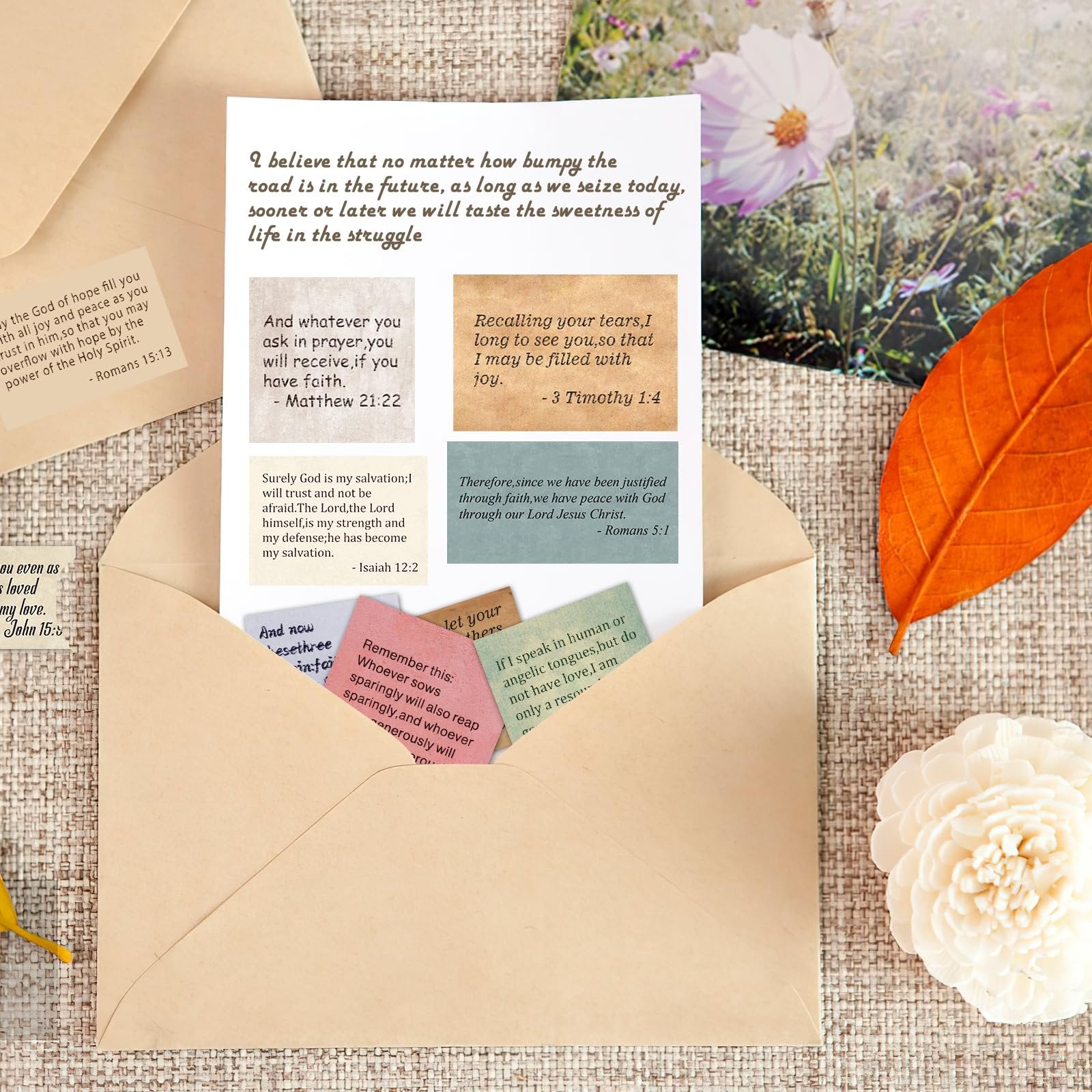 Collage of Bible verse stickers in envelopes and on floral background. Stickers feature various scripture quotes.