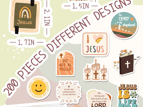 Collection of Christian stickers featuring Bible verses and religious imagery, with dimensions indicated.