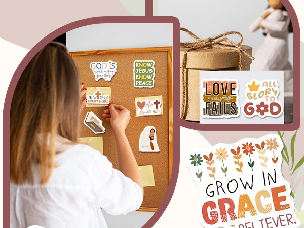 Woman pinning Christian stickers with Bible verses onto a corkboard, with other stickers and a gift box visible.