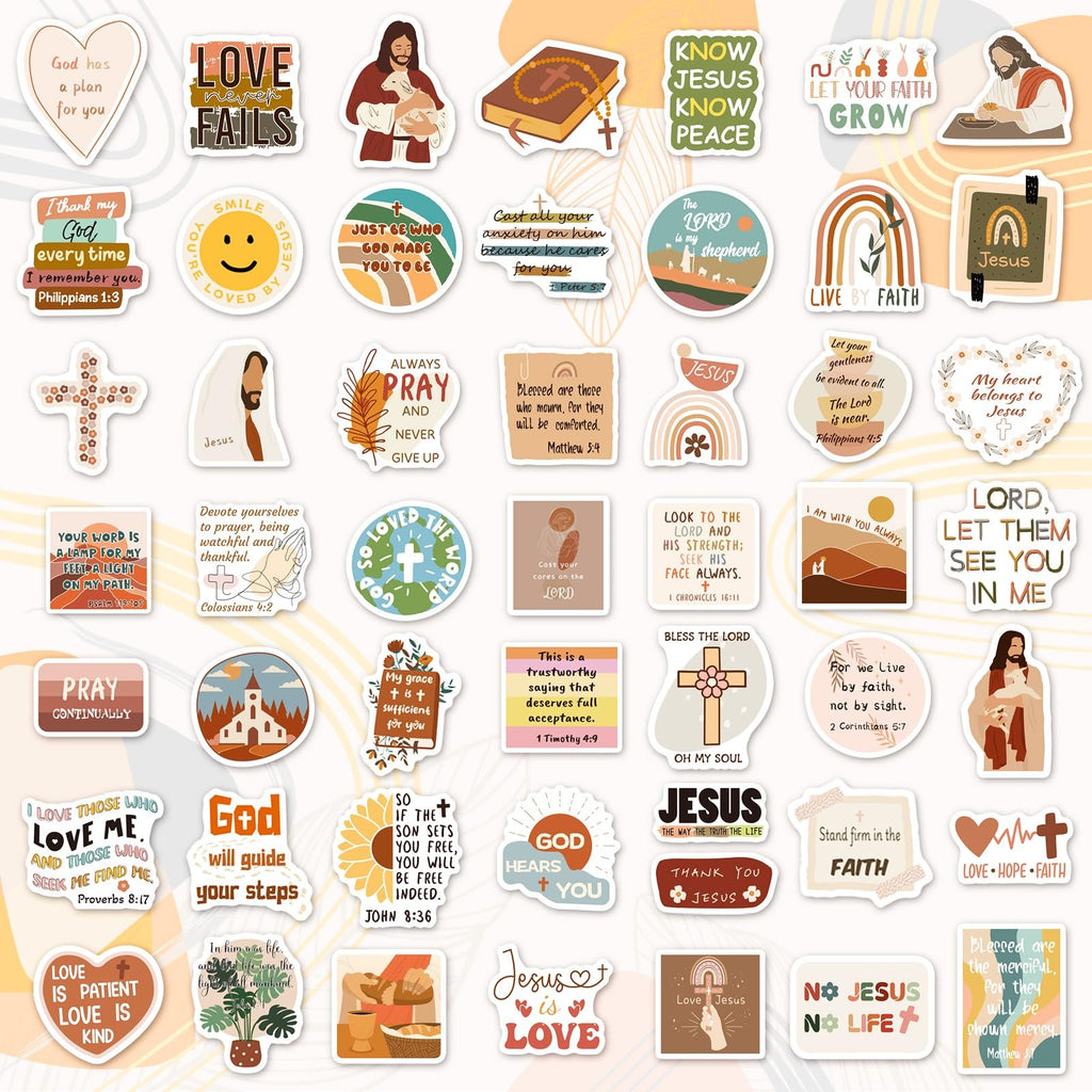 A collection of 200 Christian-themed stickers with various Bible verses and religious imagery, arranged in a grid.