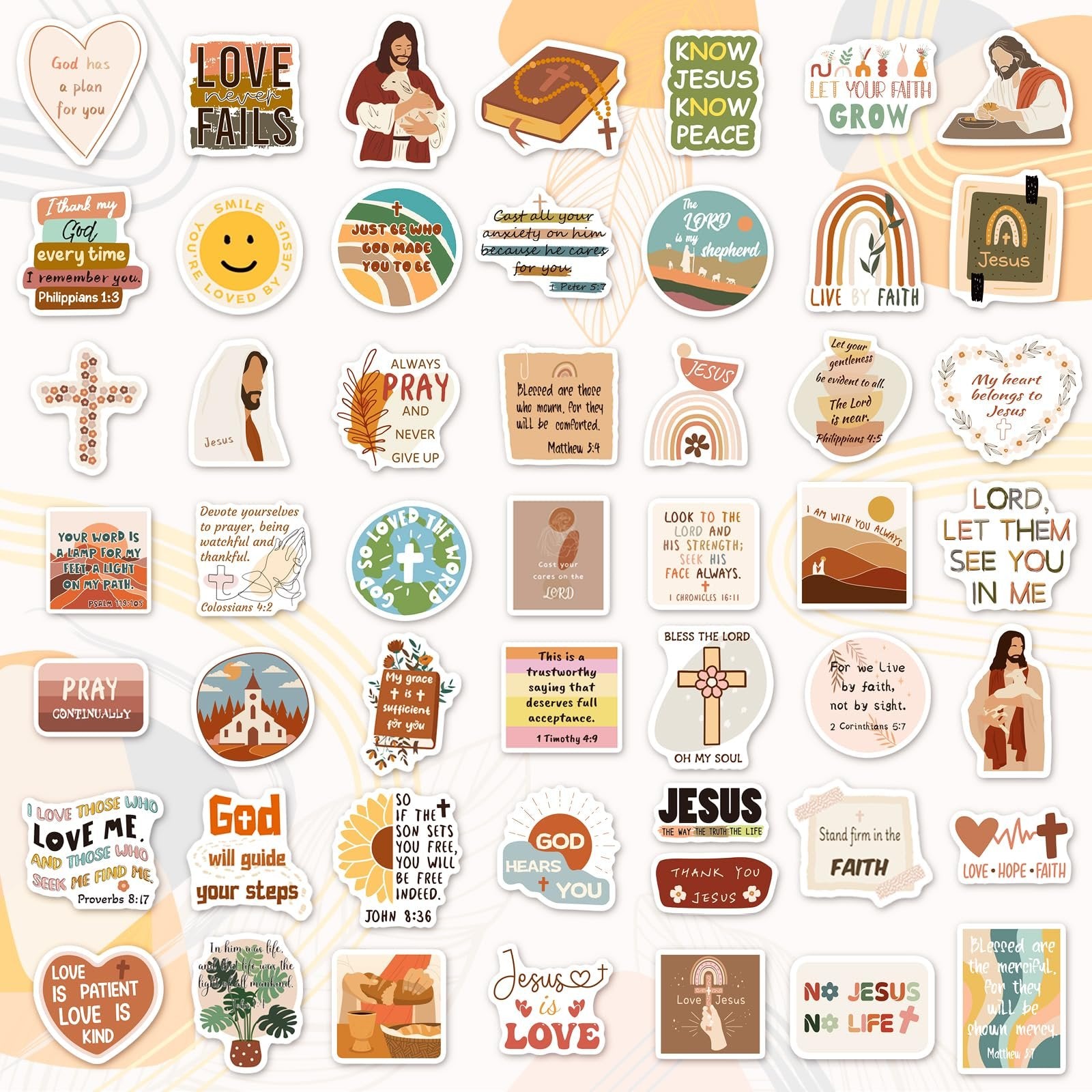 A collection of 200 Christian-themed stickers with various Bible verses and religious imagery, arranged in a grid.