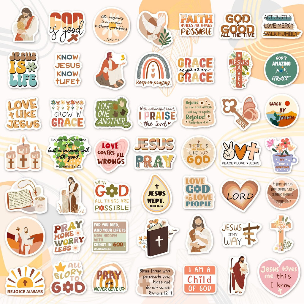 A collection of 200 Christian-themed stickers with Bible verses and religious imagery.