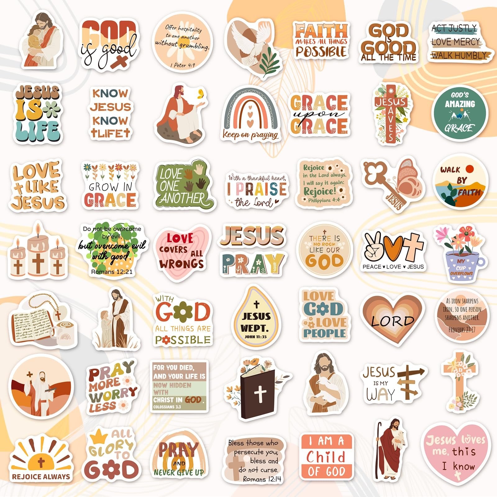 A collection of 200 Christian-themed stickers with Bible verses and religious imagery.