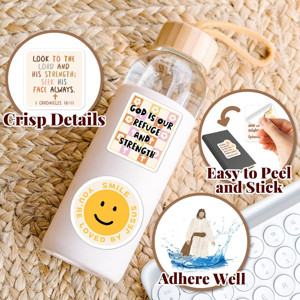 Christian stickers on a water bottle and keyboard, featuring Bible verses and religious imagery.