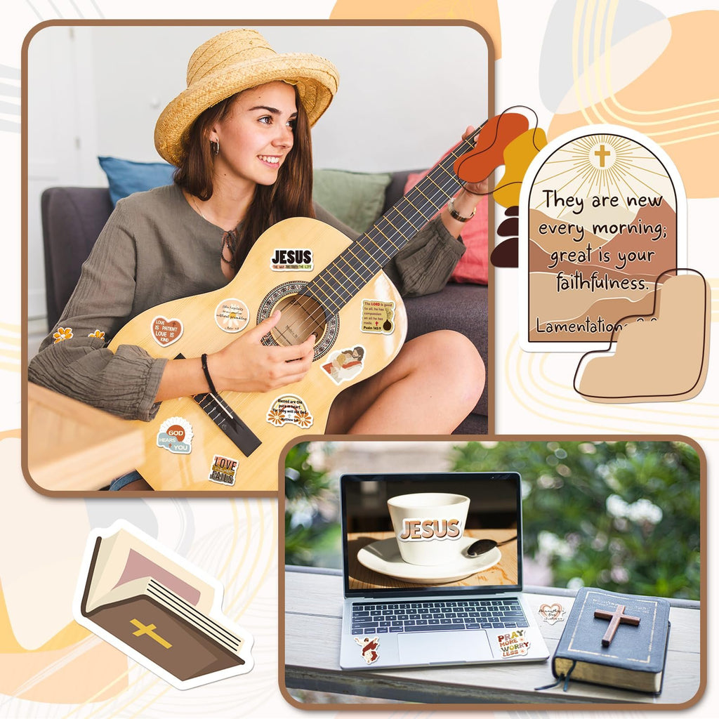 Collage of Christian stickers applied to a guitar, laptop, and book. A young woman plays guitar adorned with stickers.