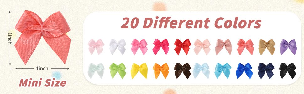 Collection of 1-inch mini ribbon bows in 20 different colors, displayed in two rows.