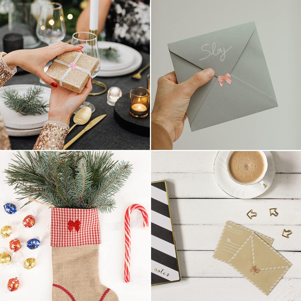 Collage of four lifestyle images showing mini ribbon bows used for gift wrapping, envelopes, Christmas stocking, and notebook decor.