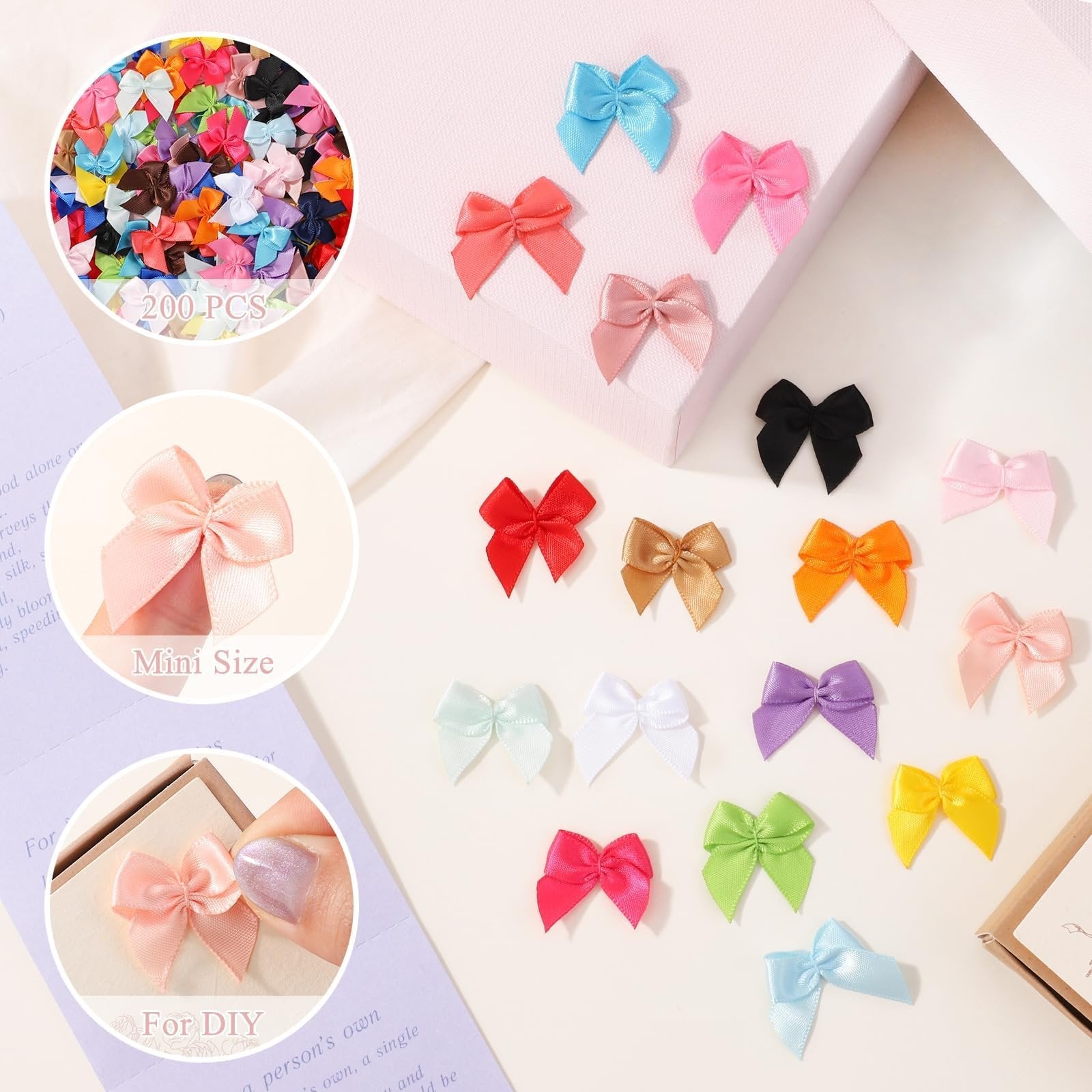 Assortment of colorful mini ribbon bows scattered on a surface, with close-ups showing size and DIY application.