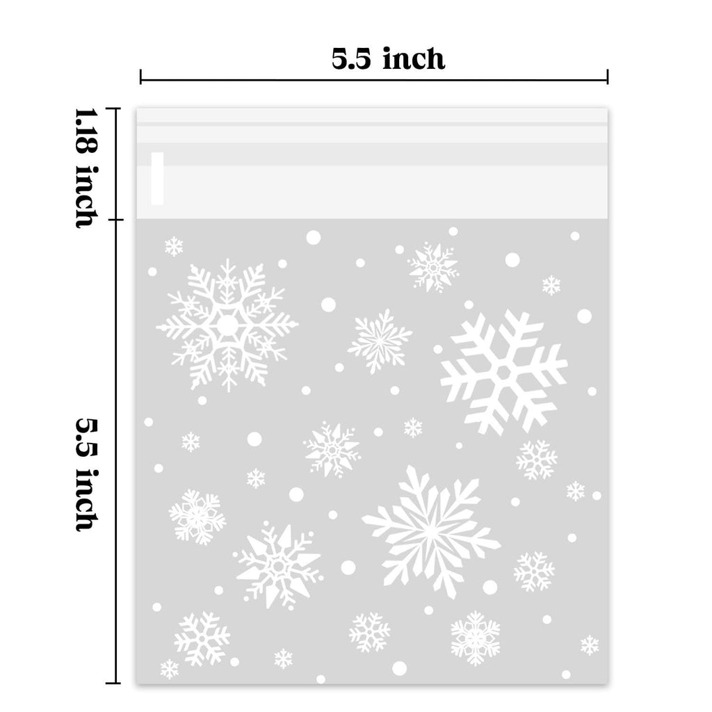 Christmas snowflake cellophane cookie treat bags with size dimensions shown