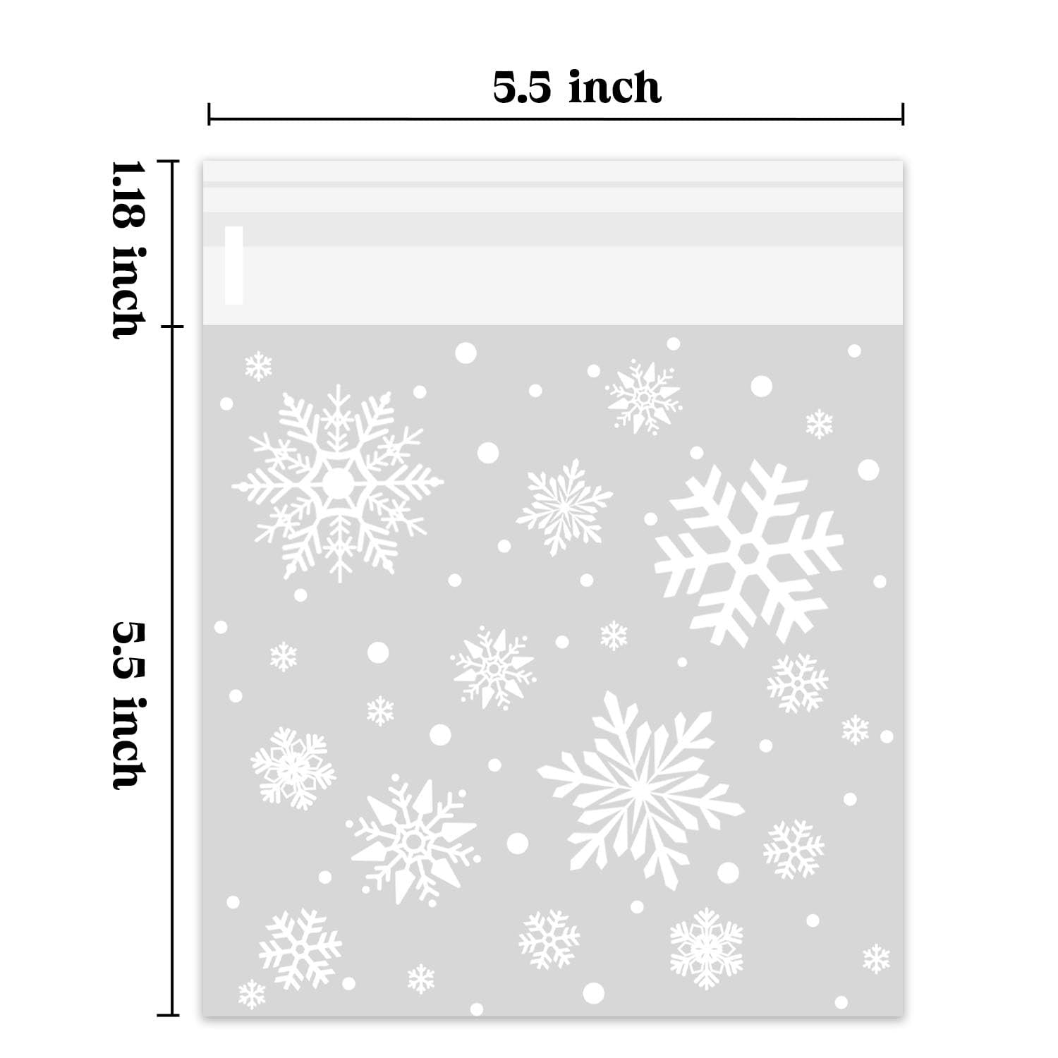 Christmas snowflake cellophane cookie treat bags with size dimensions shown