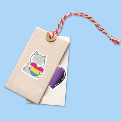 Gray cartoon cat holding a pansexual pride heart sticker on a beige card with red and white twine.