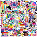 Collage of diverse LGBTQ+ pride themed vinyl stickers featuring various characters, symbols, and phrases.