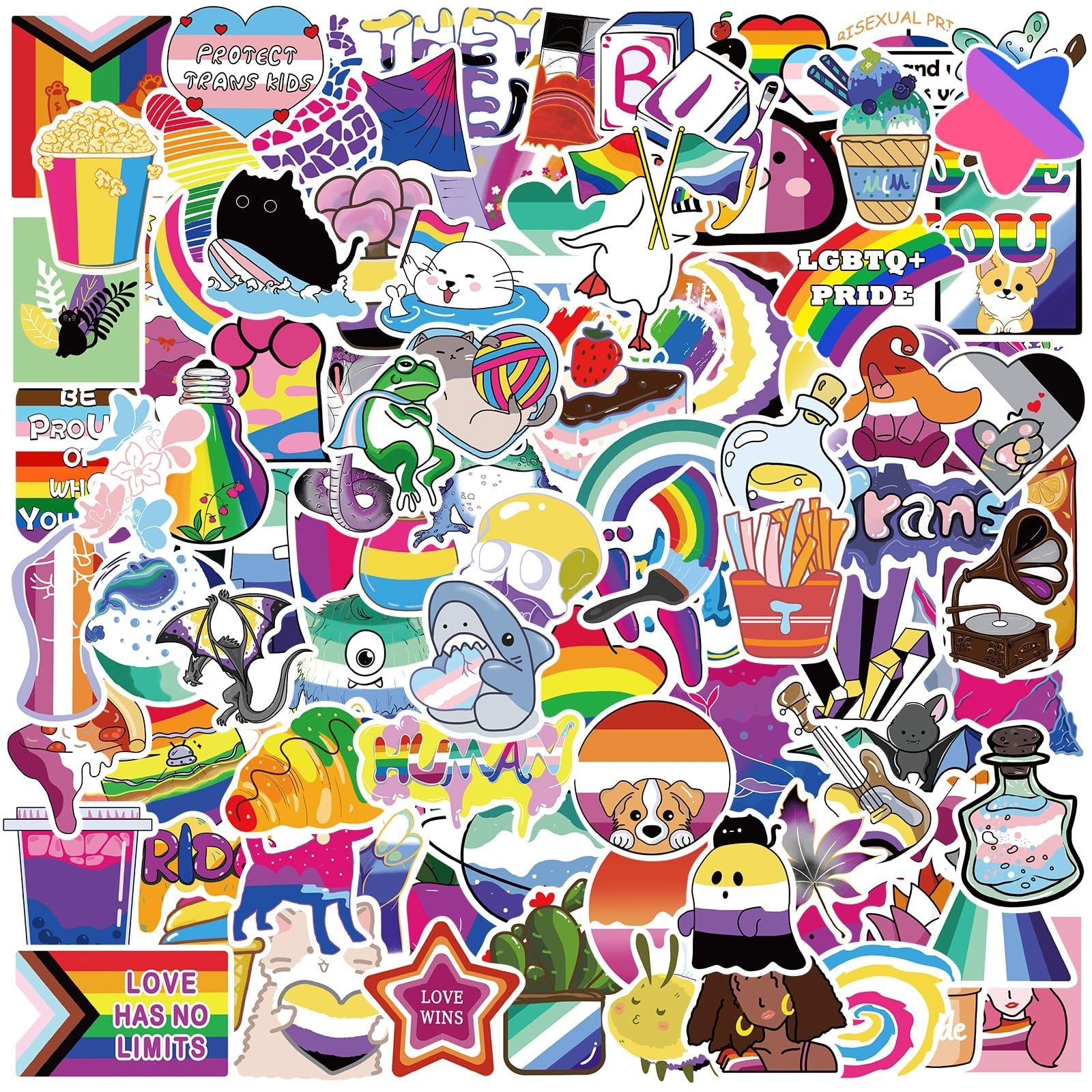 Collage of diverse LGBTQ+ pride themed vinyl stickers featuring various characters, symbols, and phrases.