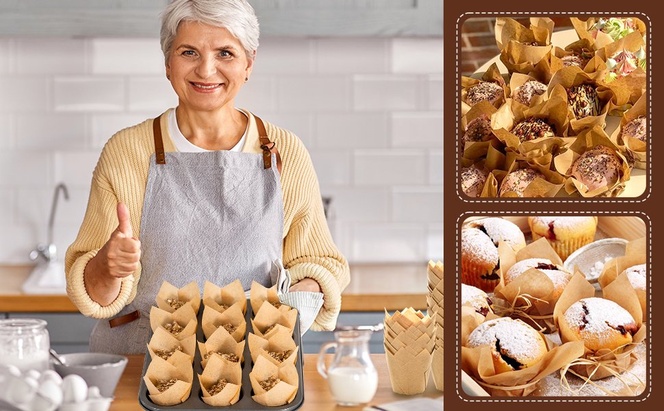 Woman in apron giving thumbs up with tray of unbleached tulip cupcake liners filled with batter
