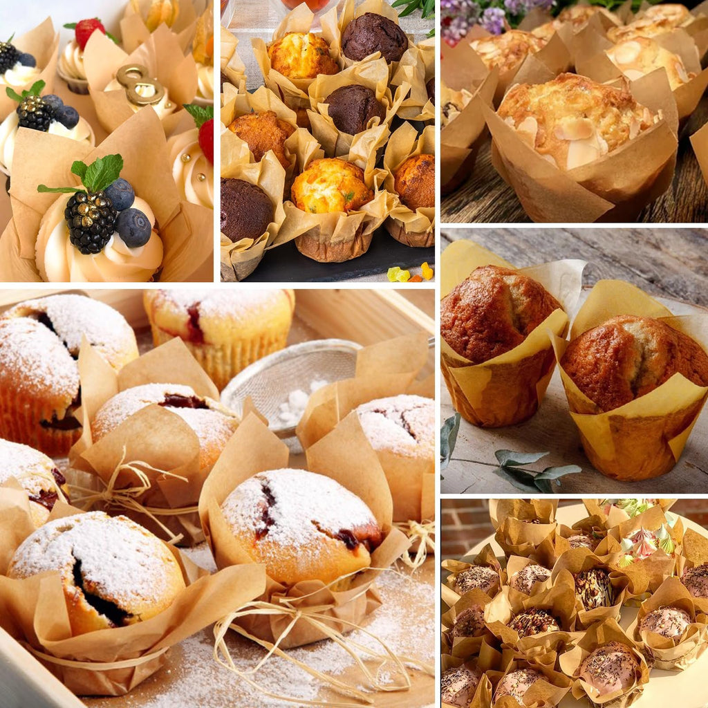 Collage of various muffins and cupcakes in brown paper liners, some dusted with powdered sugar.