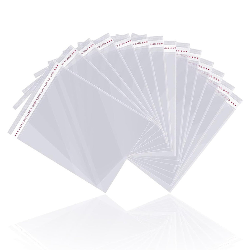 Fan of clear cellophane bags with resealable adhesive strips, shown on a white background.