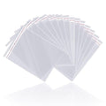 Fan of clear cellophane bags with resealable adhesive strips, shown on a white background.