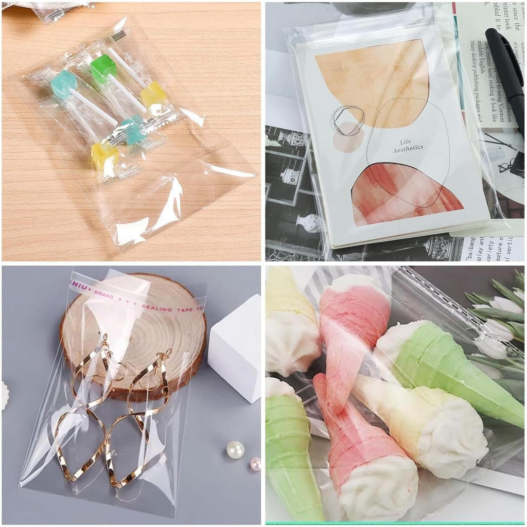 Collage of four clear cellophane bags containing different items: colorful candy sticks, a notebook with abstract art, gold hoop earrings, and meringue ice cream cones.