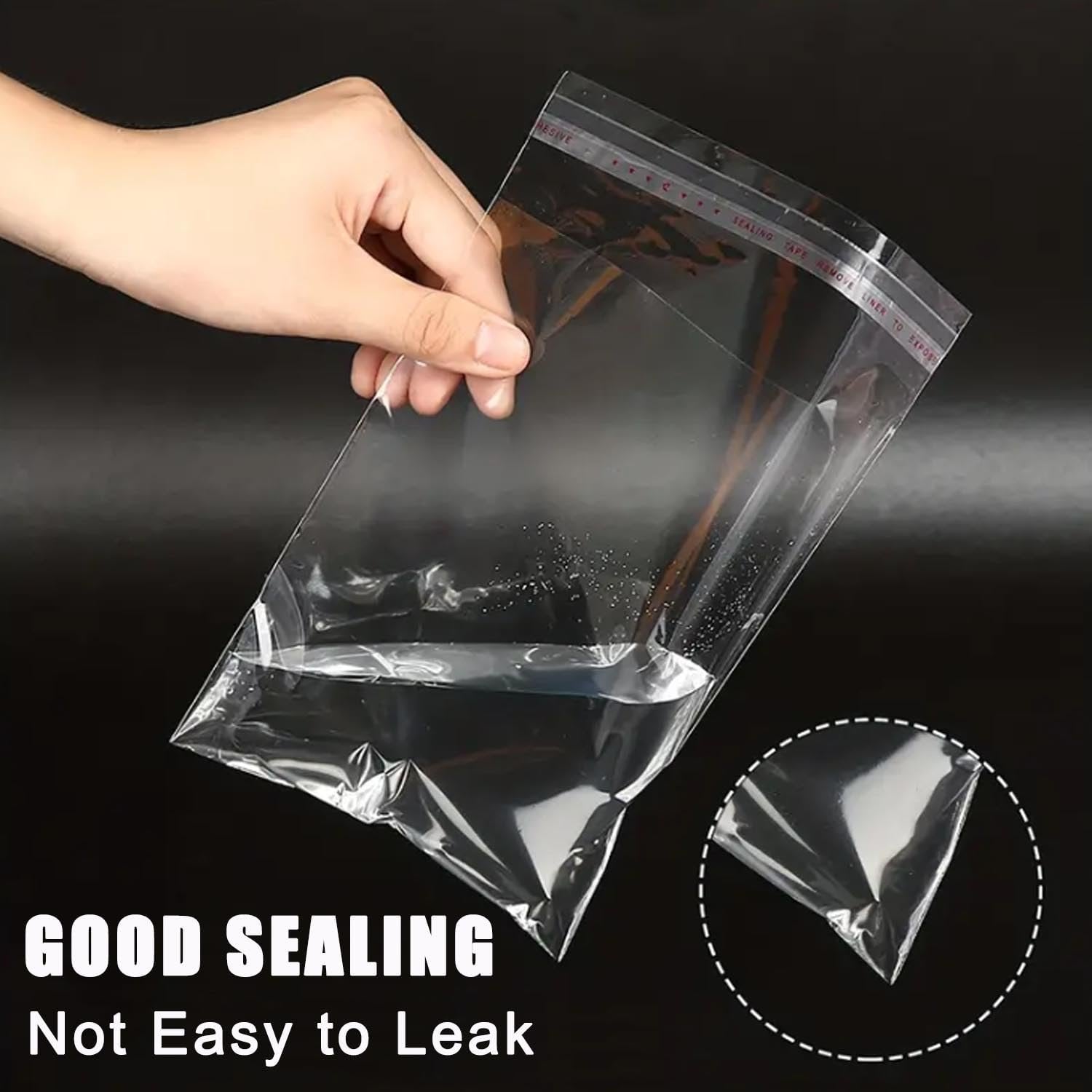 Hand holding a clear cellophane bag filled with water, showing good sealing. Inset shows a close-up of the bag corner.