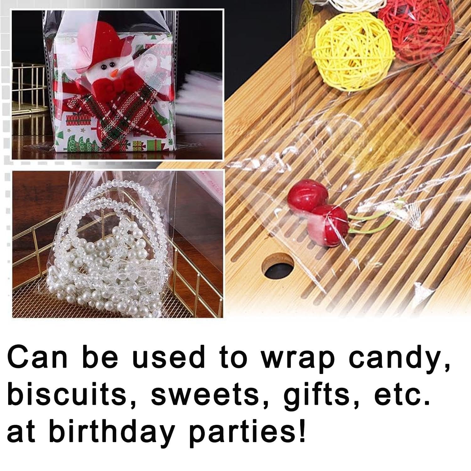 Collage of clear cellophane bags filled with holiday decorations, pearls, and decorative balls, with text about party uses.