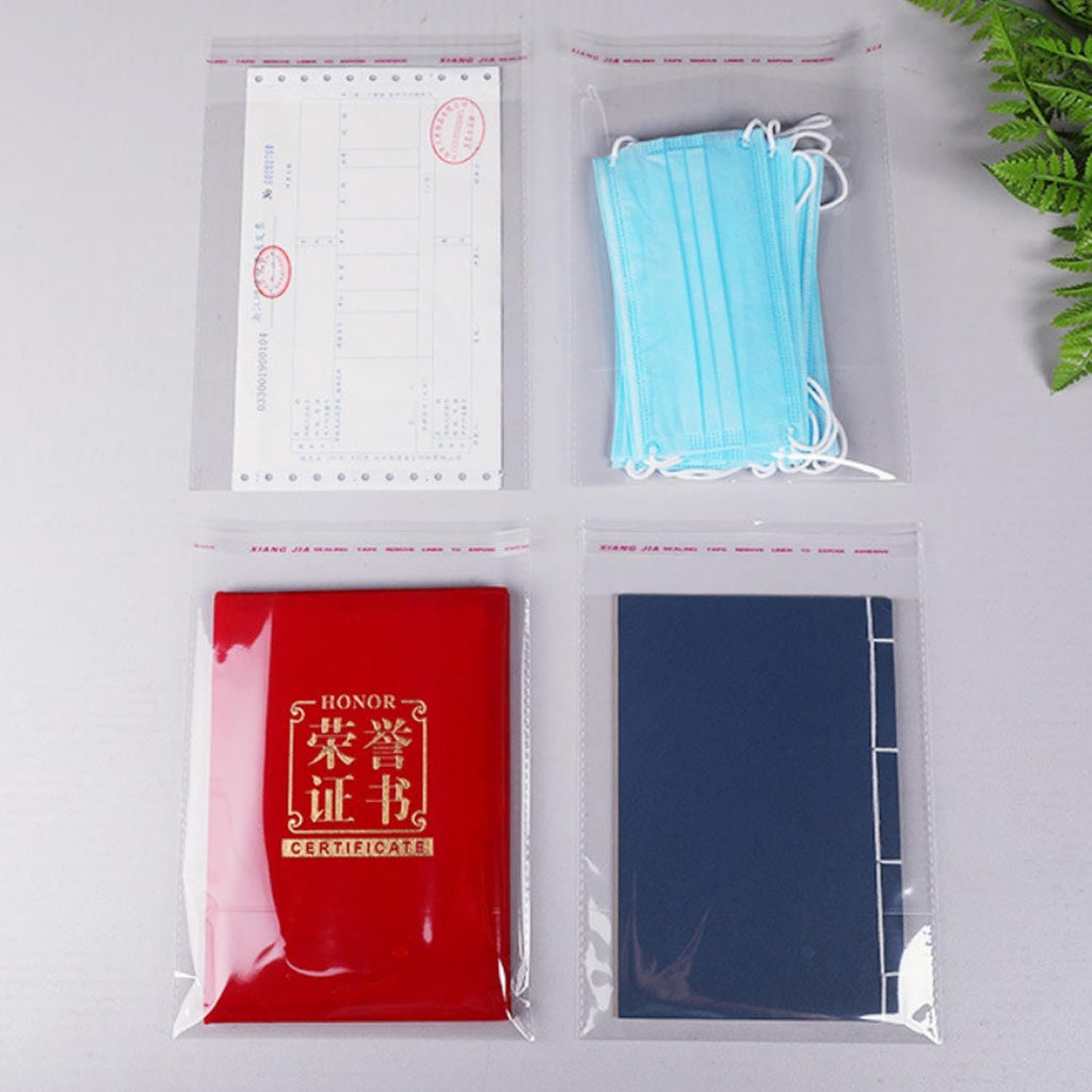 Four clear cellophane bags containing various items: a document, face masks, a red certificate holder, and a blue booklet.
