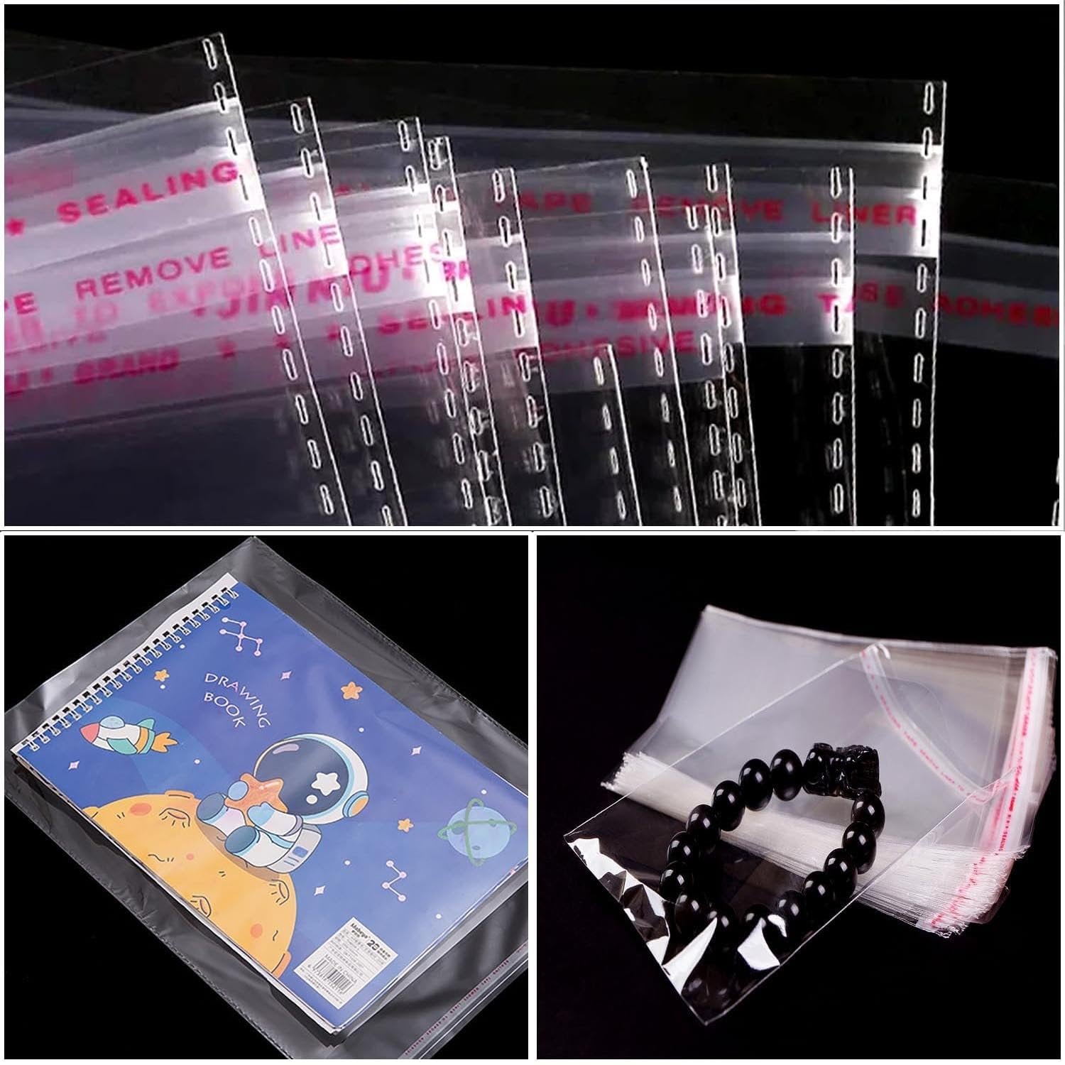Collage of clear cellophane bags: top shows rows of bags with red text, bottom left shows a drawing book in a bag, bottom right shows a bracelet in a bag.