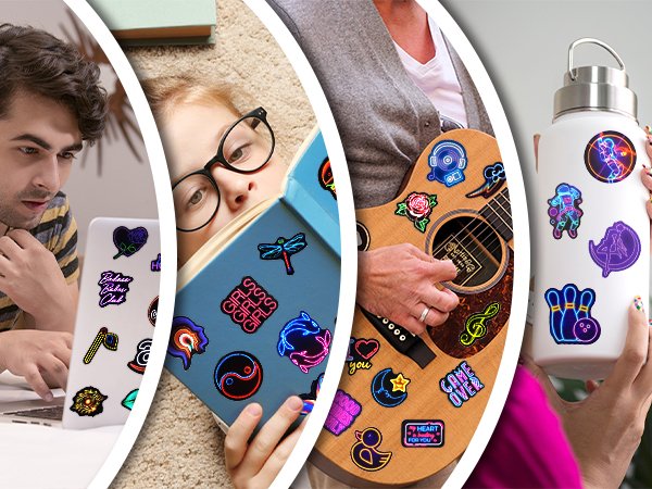 Collage of people using neon vinyl stickers on laptops, books, guitars, and water bottles.