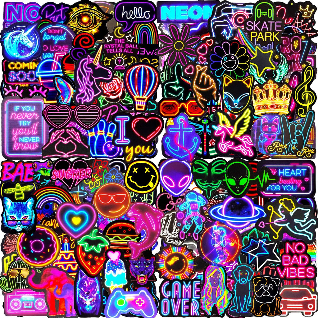Collage of 200 neon-style vinyl stickers featuring various designs like unicorns, hearts, aliens, and text.