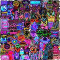 Collage of 200 neon-style vinyl stickers featuring various designs like unicorns, hearts, aliens, and text.