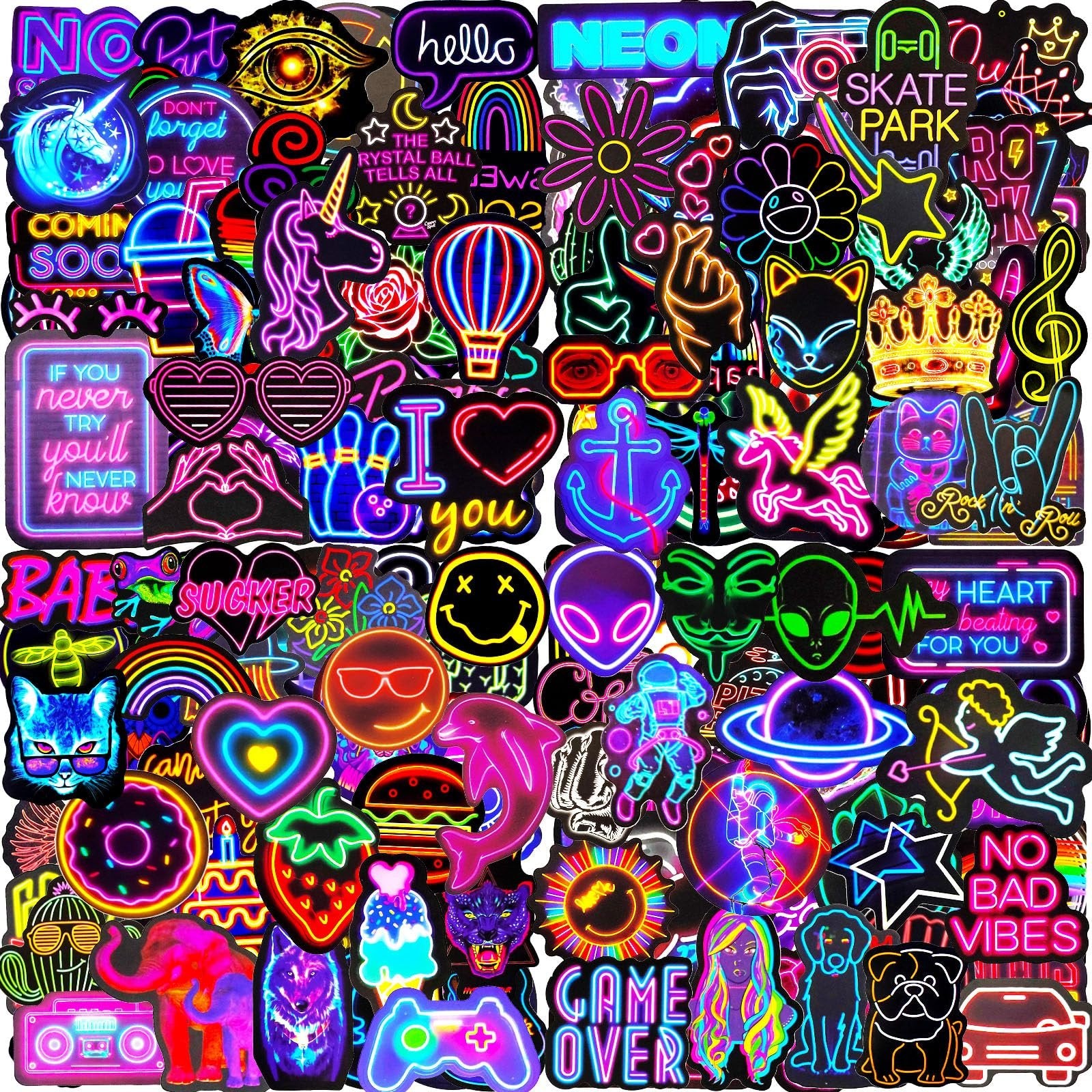 Collage of 200 neon-style vinyl stickers featuring various designs like unicorns, hearts, aliens, and text.