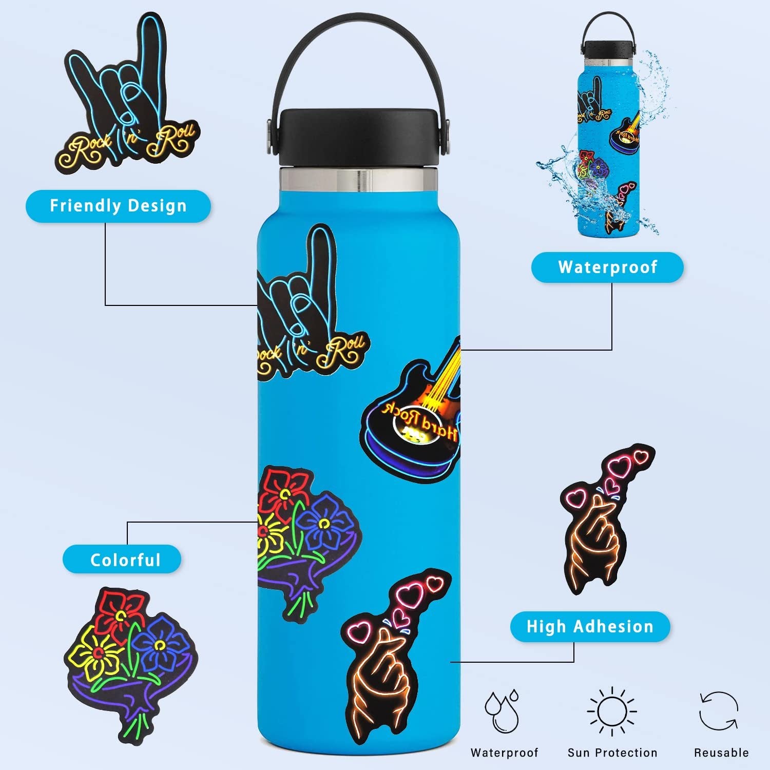 Blue water bottle with various neon-style stickers applied, showcasing features like waterproof and high adhesion.