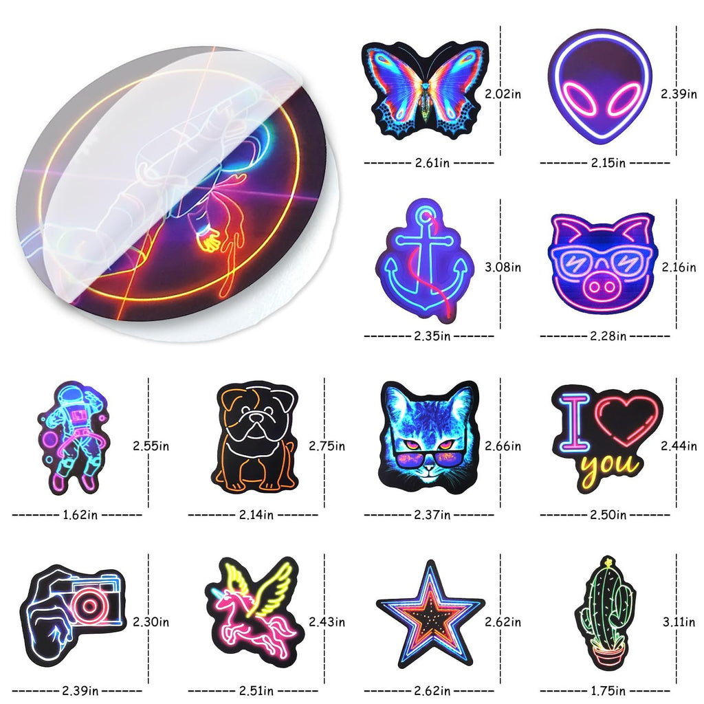 Collection of neon-style vinyl stickers featuring various designs like an astronaut, butterfly, alien, cat, and cactus, with dimensions indicated.