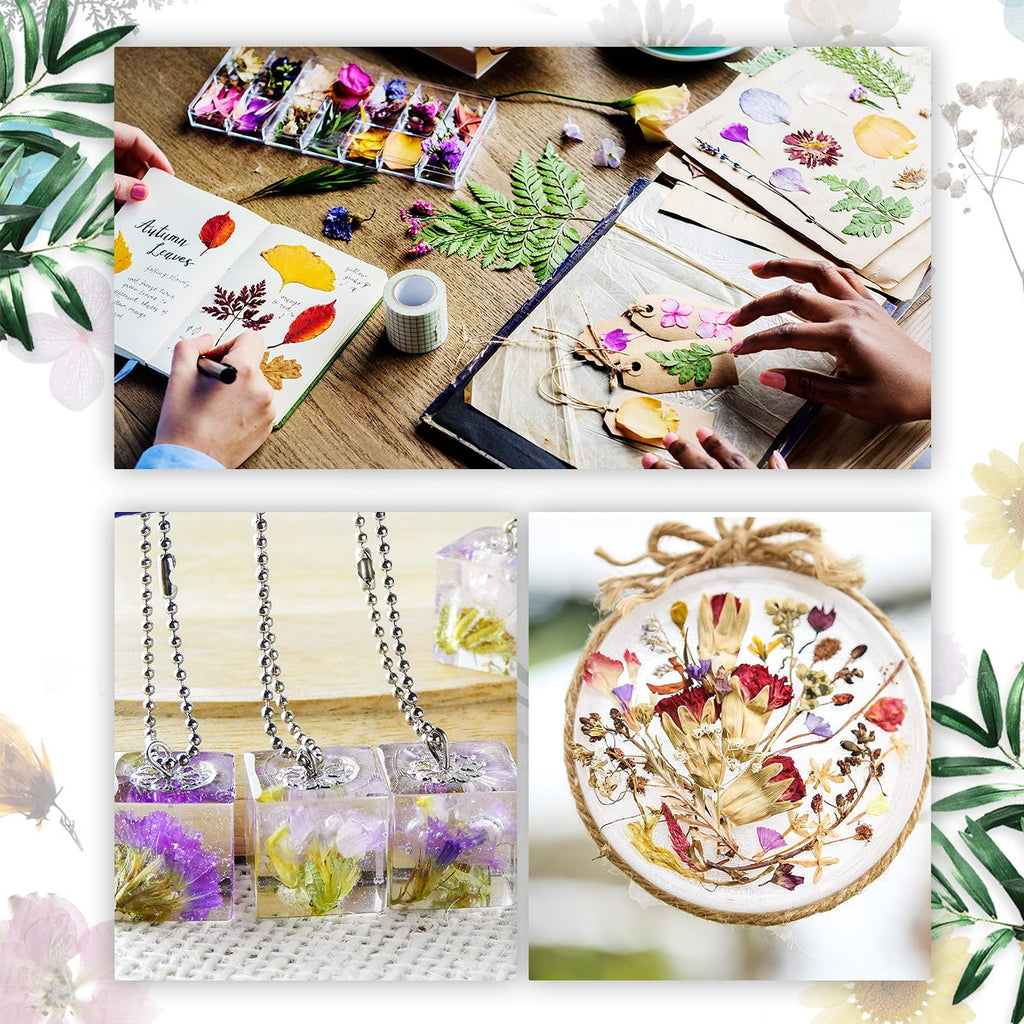 Collage of dried pressed flowers and leaves being used for crafts, including jewelry, tags, and wall art.