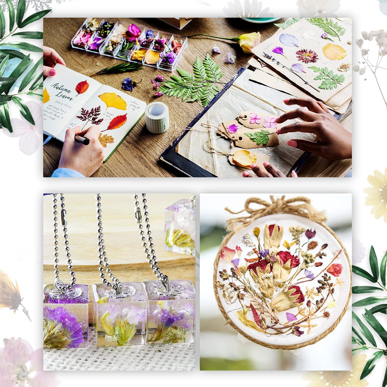 Collage of dried pressed flowers and leaves being used for crafts, including jewelry, tags, and wall art.