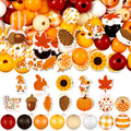 Assortment of Thanksgiving-themed wooden beads including maple leaves, pumpkins, acorns, pinecones, sunflowers, and gnomes.