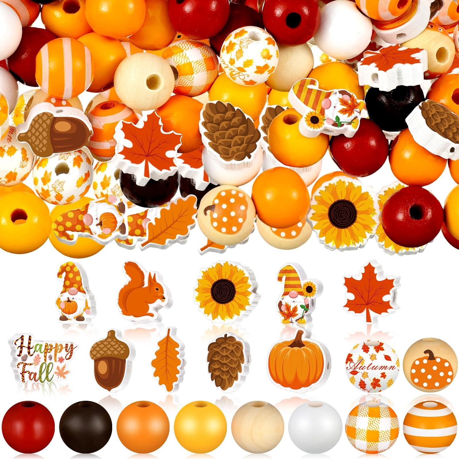 Assortment of Thanksgiving-themed wooden beads including maple leaves, pumpkins, acorns, pinecones, sunflowers, and gnomes.