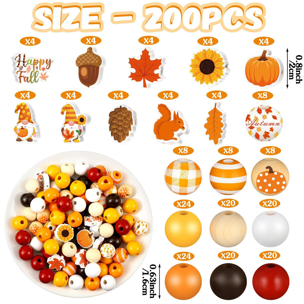 Thanksgiving wooden beads and charms including maple leaves, pumpkins, acorns, gnomes, sunflowers, and squirrels, arranged with size indicators and quantities.