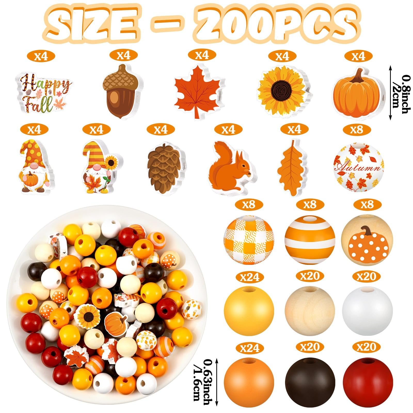 Thanksgiving wooden beads and charms including maple leaves, pumpkins, acorns, gnomes, sunflowers, and squirrels, arranged with size indicators and quantities.