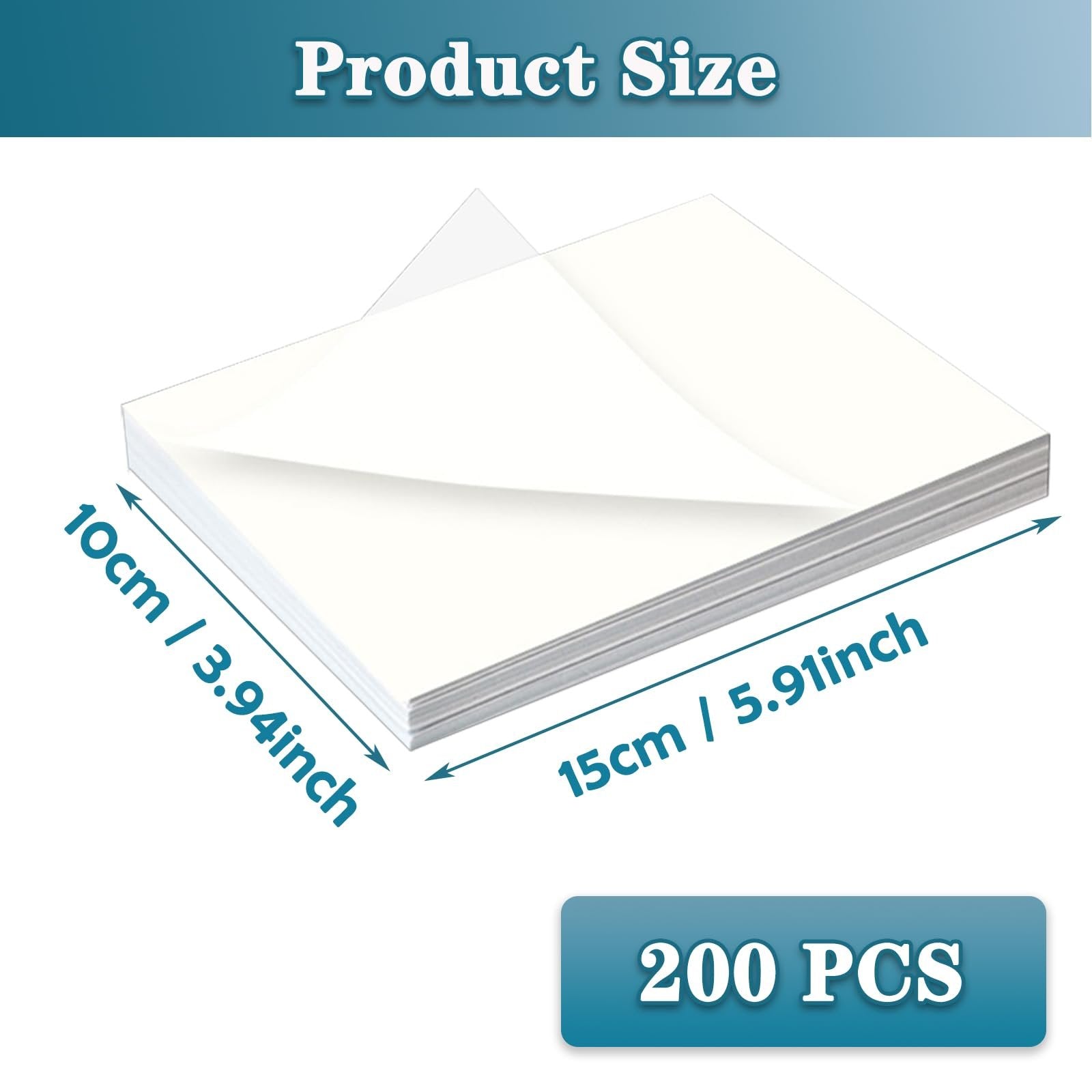 Stack of 200 double-sided release paper sheets for diamond painting, showing dimensions 15cm x 10cm.