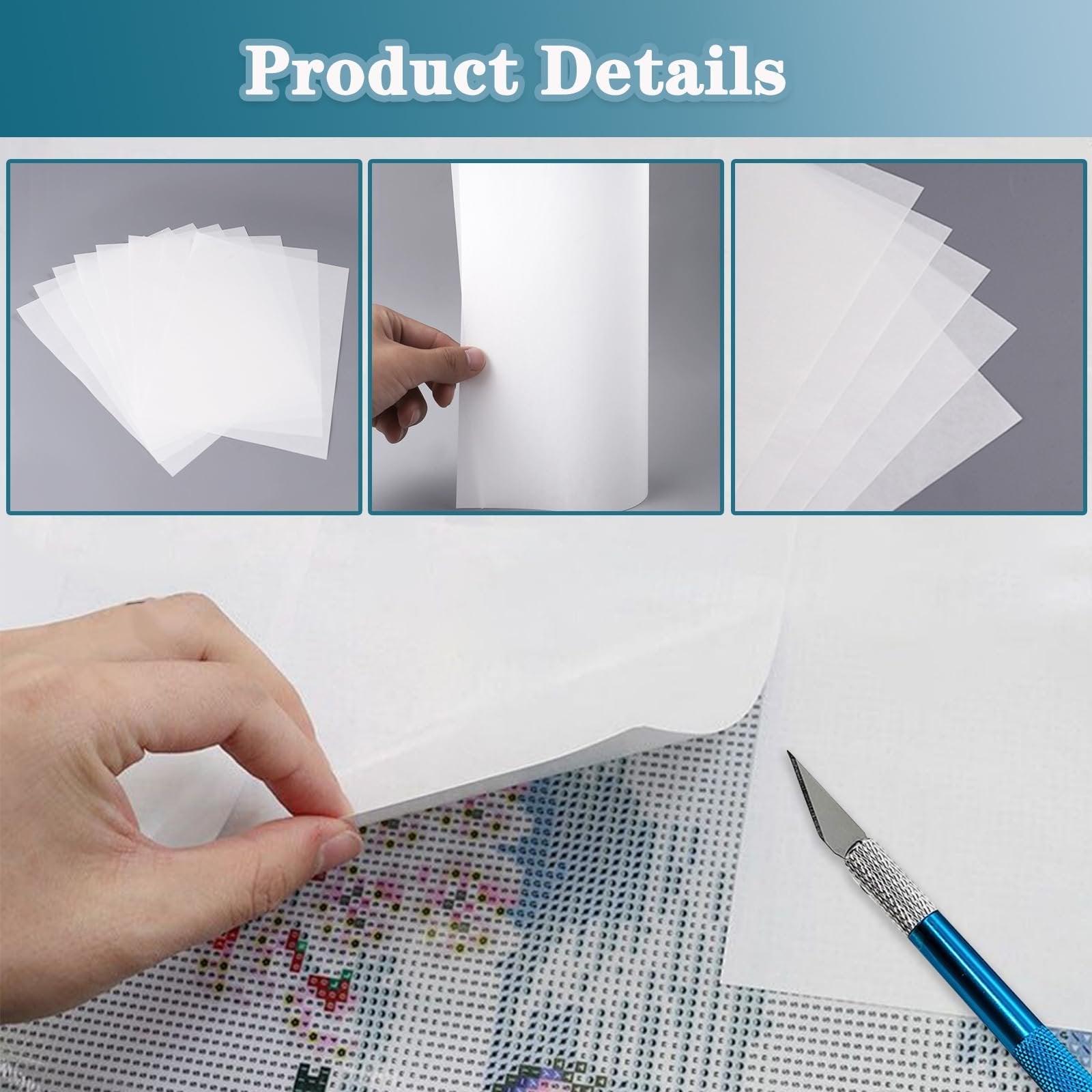 Diamond painting release paper sheets being peeled off a canvas with a craft knife nearby