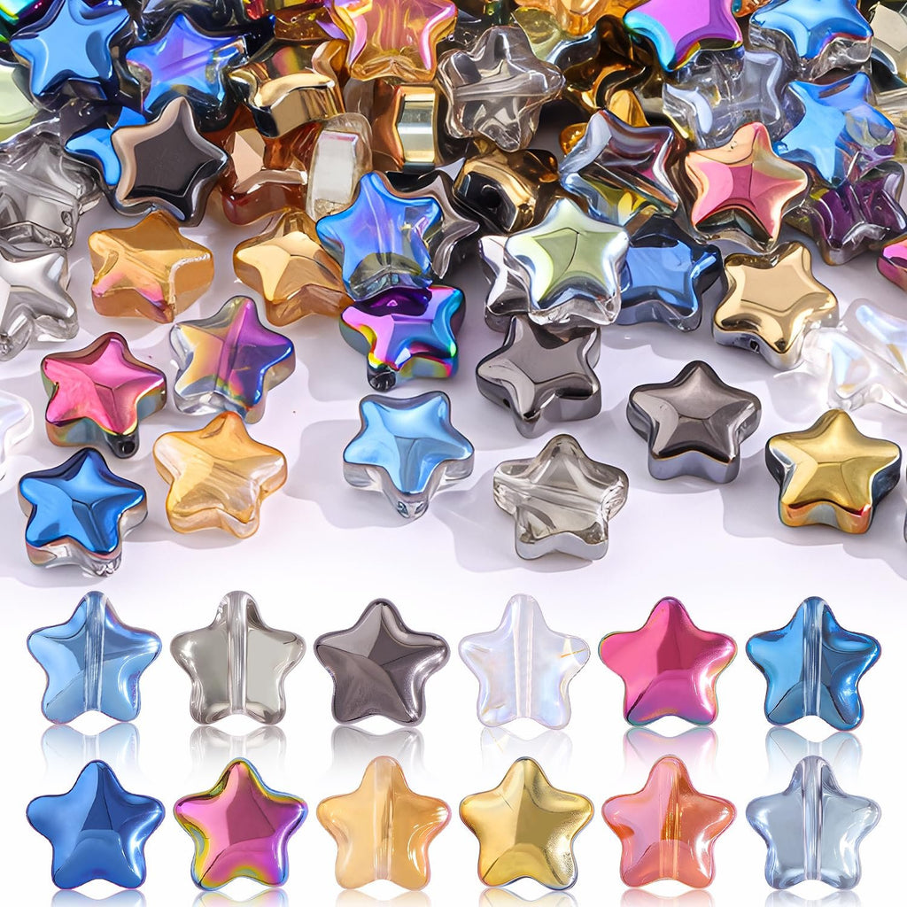 Assortment of iridescent glass star beads in various colors, displayed in a pile and in rows, for jewelry making.