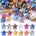 Assortment of iridescent glass star beads in various colors, displayed in a pile and in rows, for jewelry making.