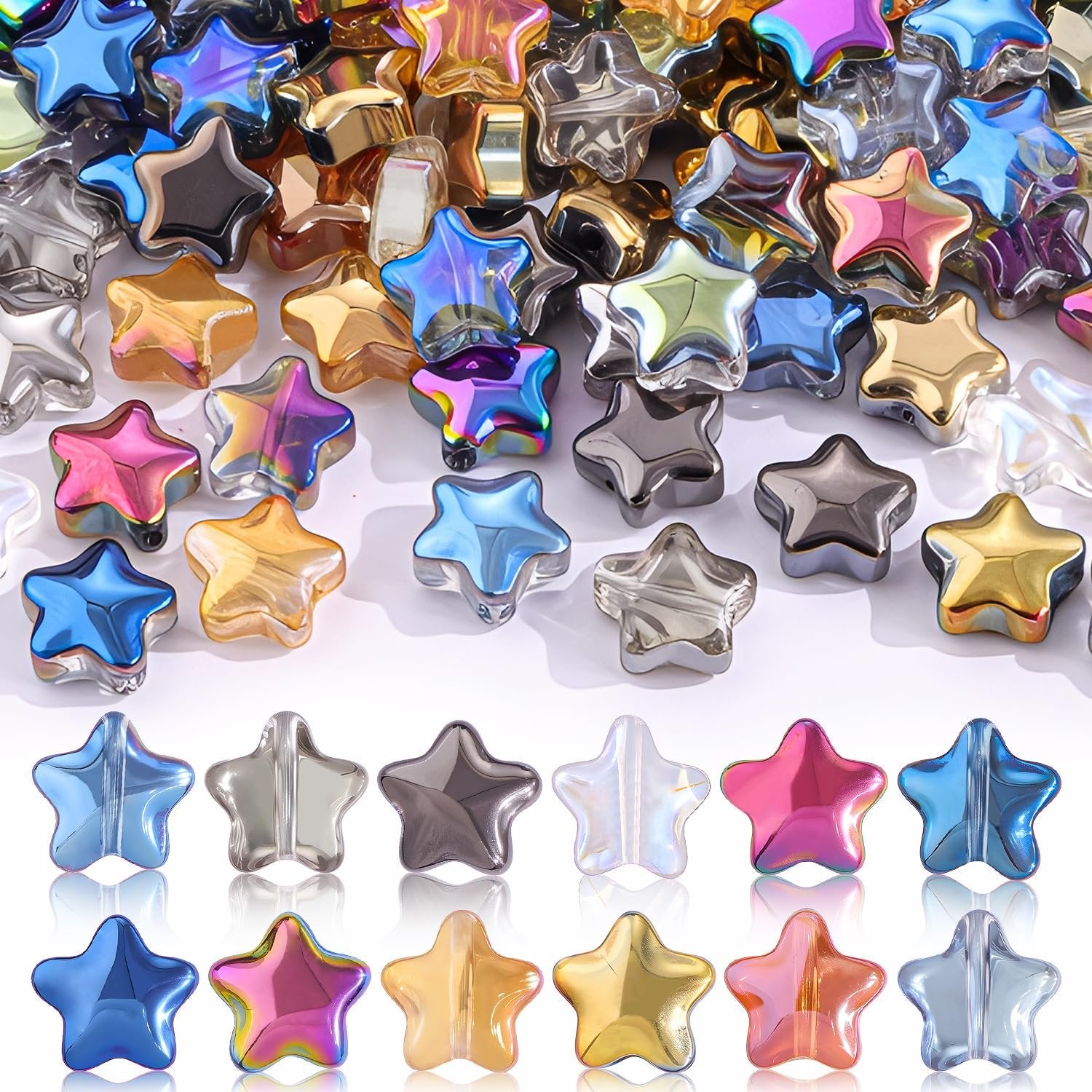 Assortment of iridescent glass star beads in various colors, displayed in a pile and in rows, for jewelry making.