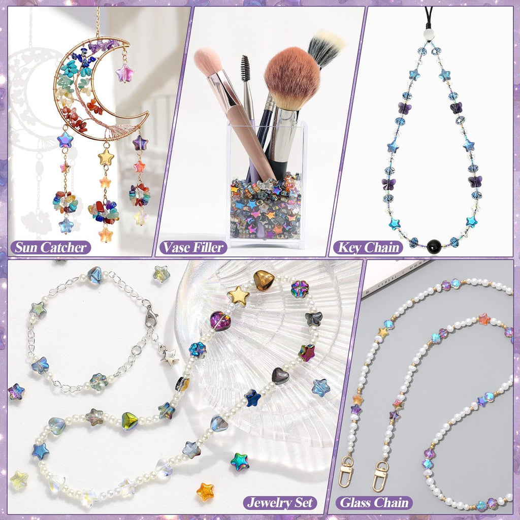 Collage of iridescent glass star beads used in various crafts like sun catchers, vase fillers, key chains, jewelry sets, and glass chains.