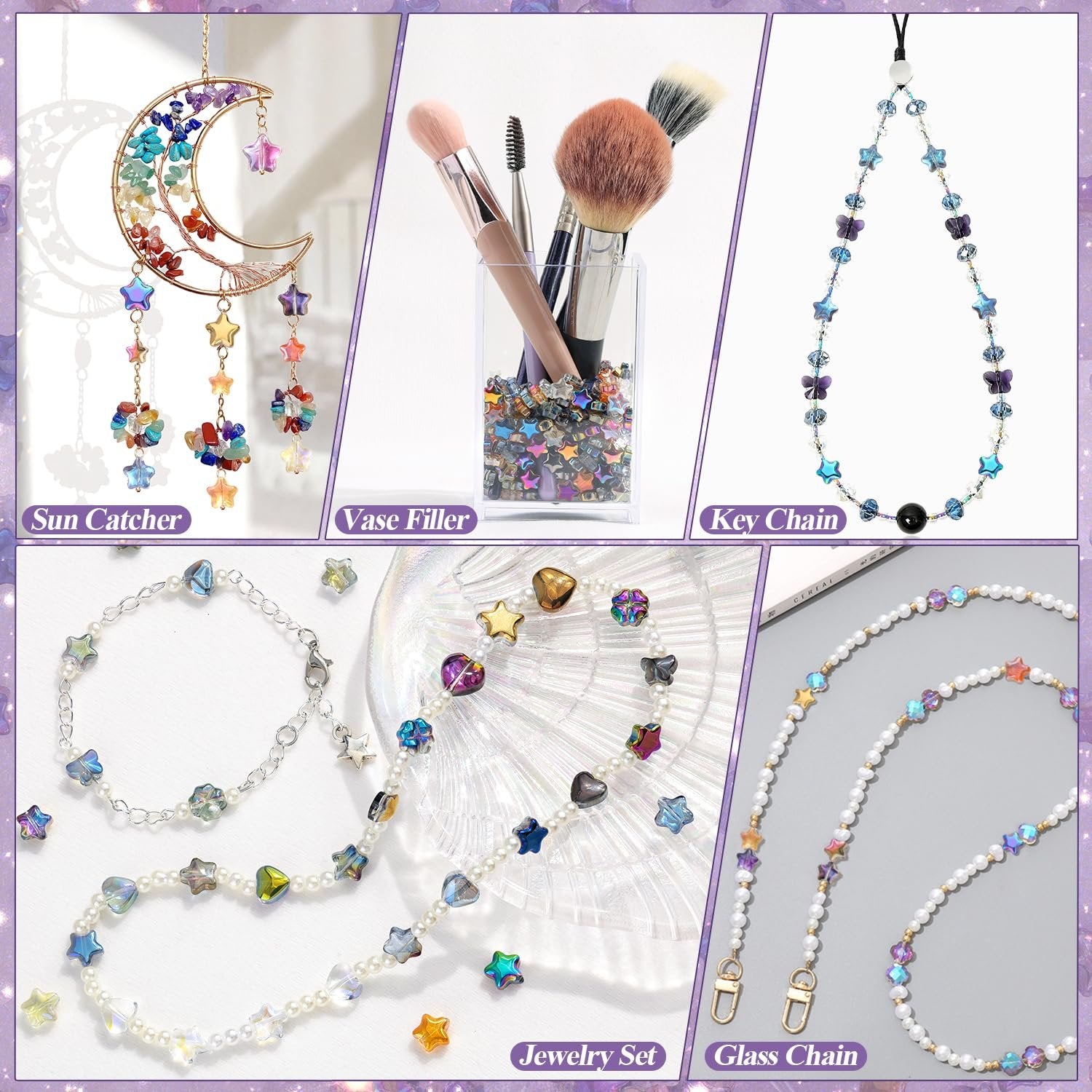 Collage of iridescent glass star beads used in various crafts like sun catchers, vase fillers, key chains, jewelry sets, and glass chains.