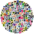 Collage of colorful cut-out alphabet letters, numbers, and symbols on a white background.