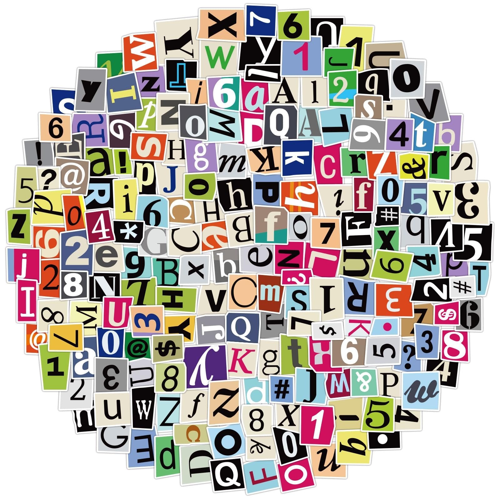 Collage of colorful cut-out alphabet letters, numbers, and symbols on a white background.