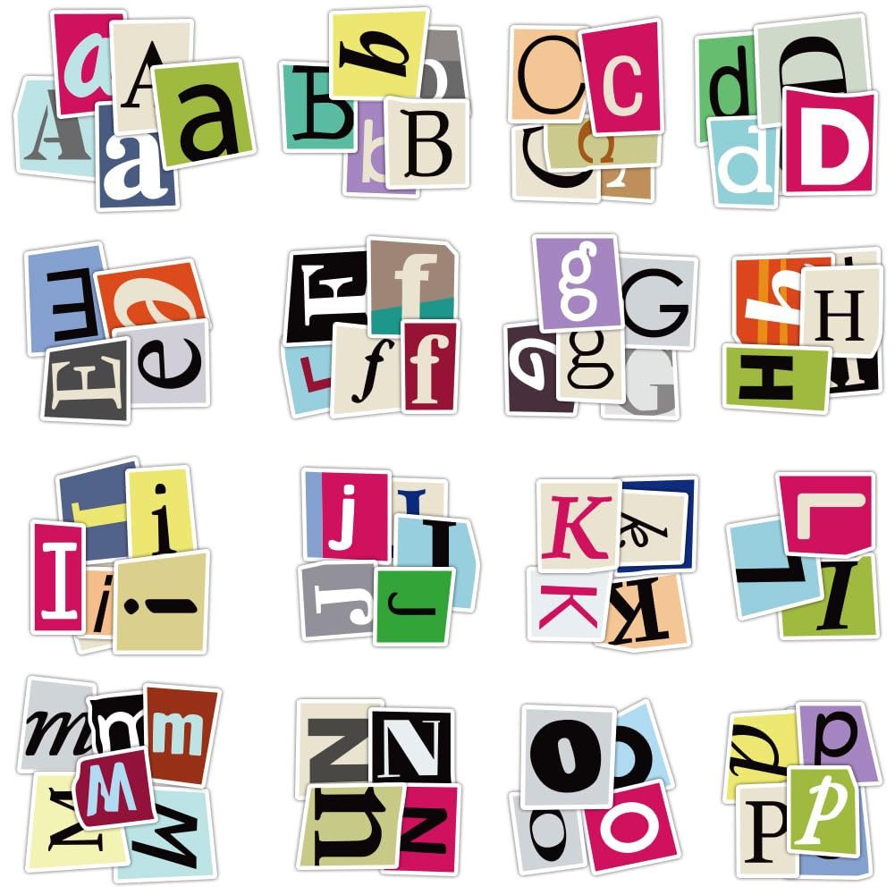Collages of alphabet and number stickers, each letter/number on a colored background square.