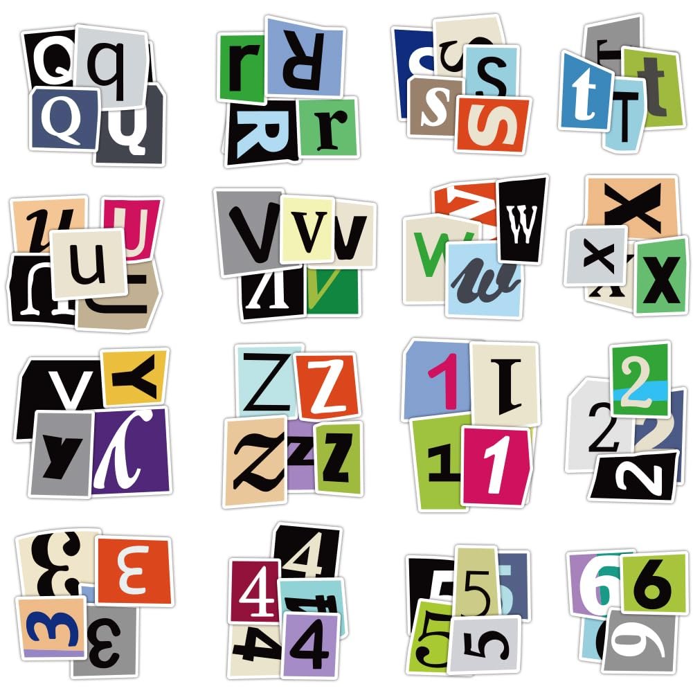 Collages of cut-out alphabet letters and numbers in various colors and fonts, arranged in rows.