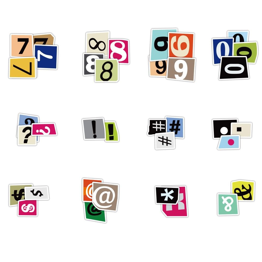 Collage of alphabet and number stickers cut from magazines, featuring numbers 0-9, question marks, exclamation points, hash symbols, ampersands, and other punctuation.